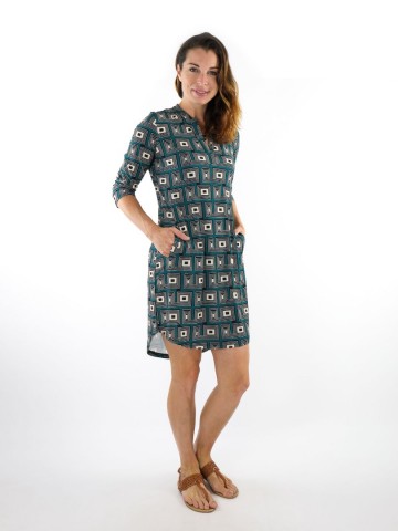 Petrol travelstof tuniek met zwart beige print angelle milan 0